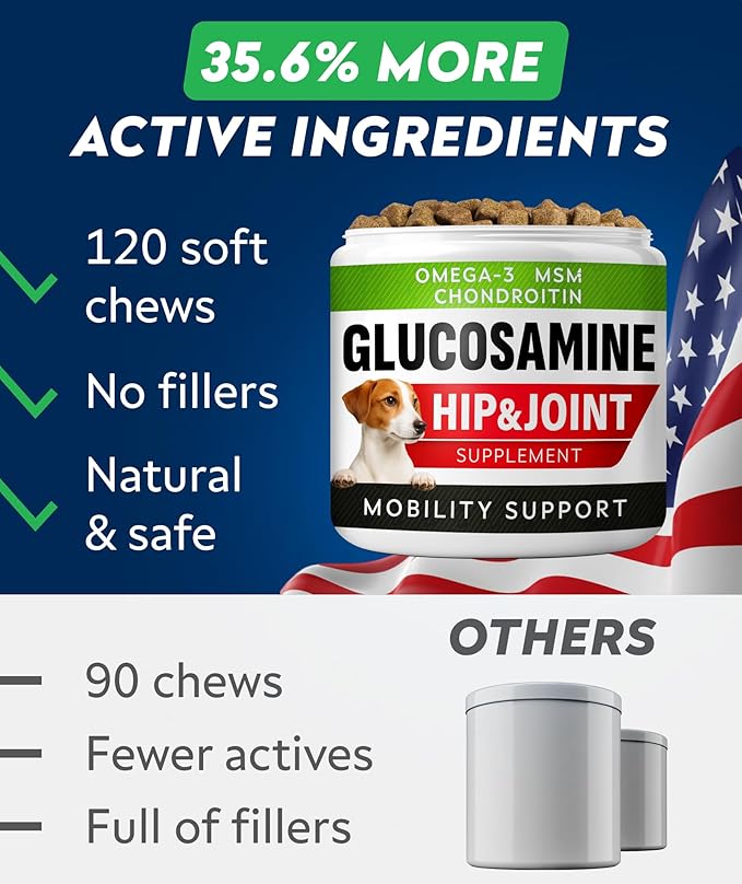 STRELLALAB Hip & Joint Glucosamine Supplement Treats for Dogs - Chondroitin, Omega-3, MSM - Advanced Joint Health Support Chews for Large Breed - Pain Relief - Bacon Flavor - 120 Ct - Made in USA