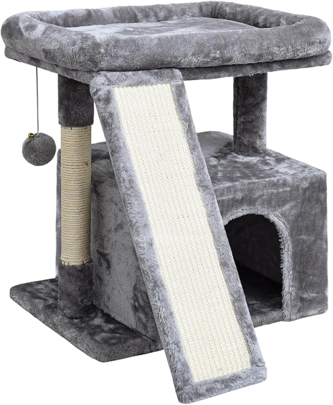 Small Cat Tree for Indoor Cats,Cat Tower with Scratching Post and Board,Cat House with Perch for Kitten, Stable Condo and Stand (Light Grey)