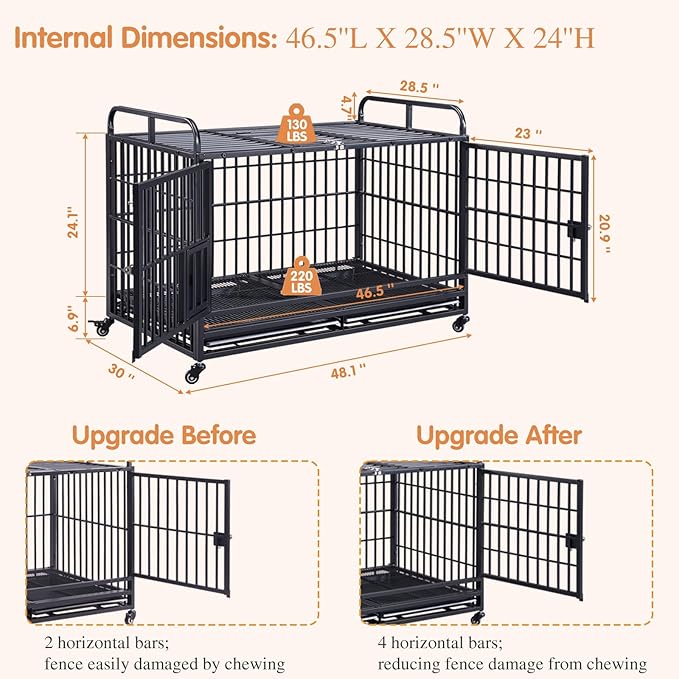 Lauren&Harold 48 Inch Heavy Duty Dog Crate for Medium/Large Dogs, Metal Dog Kennel Indoor with Top Door&Feed Door, Easy-to-Clean XL Dog Cage with Removable Tray&Wheels, Large Dog crates Furniture