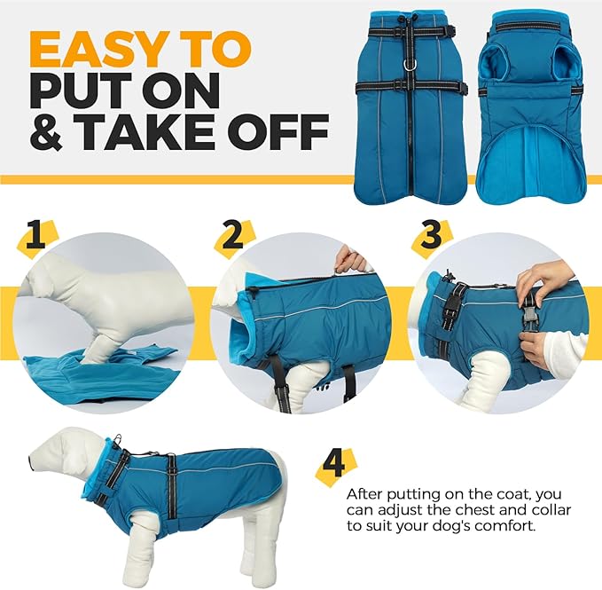 Lelepet Waterproof Dog Jacket with Harness Built in Warm Dog Winter Coat, Reflective Windproof Fleece Jacket, Dogs Coats for Lage Dogs, Thermal Pet Snowsuit for Cold Weather, French Bulldogs, Blue, L