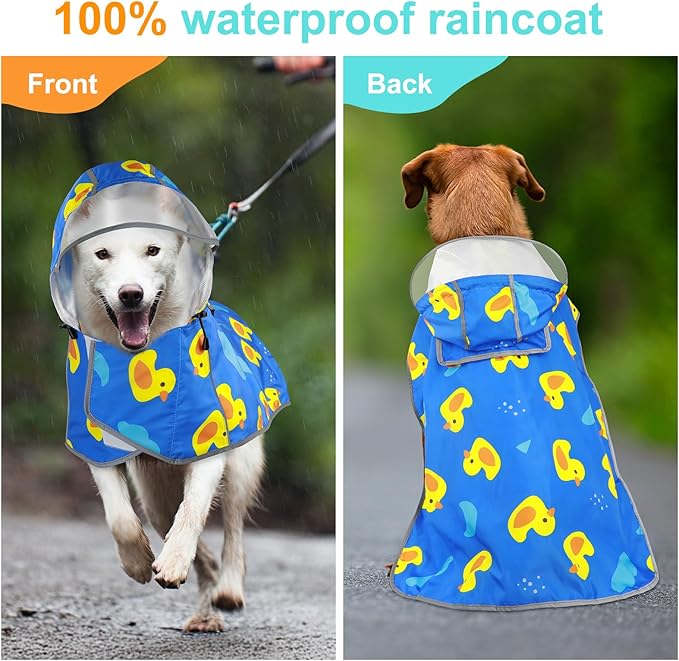 Dog Raincoat for Small Dogs, Adjustable Dog Rain Coat with Clear Hooded, Adjustable Rain Coat with Reflective Storage Pocket& Rim (Blue, Small)