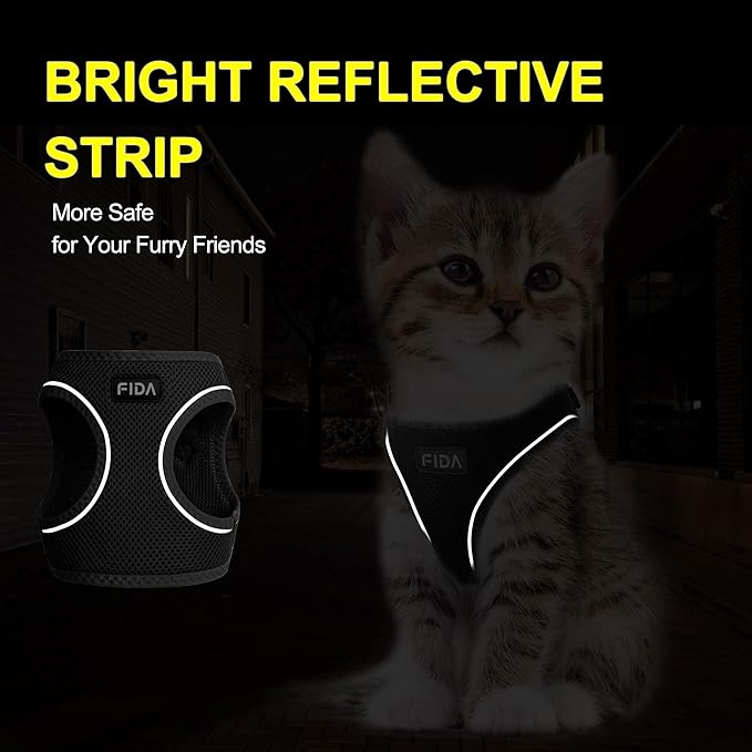 Fida Comfy Dog Harness with Leash, Cat Vest Harness Escape Proof, Breathable Lightweight Soft Mesh, Adjustable Reflective Step-in Harness for Puppy Toy Breeds & Extra-Small Pet (XXS, Black)