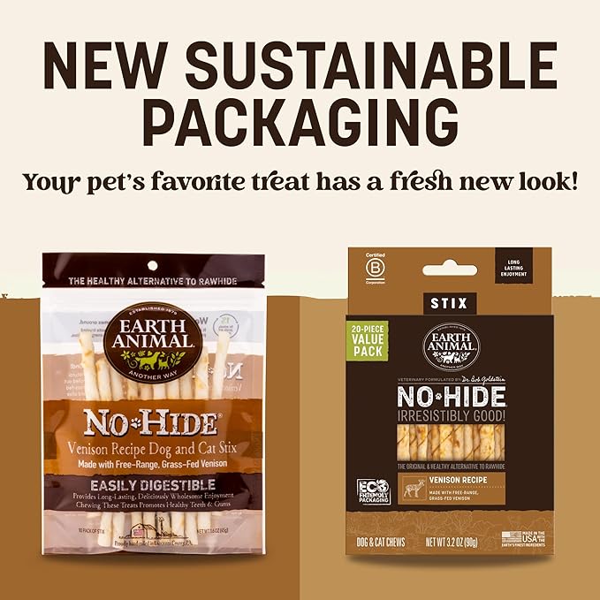 Earth Animal No-Hide Stix Venison Recipe Natural Rawhide Alternative Dog & Cat Chews - 20 Count Value Pack