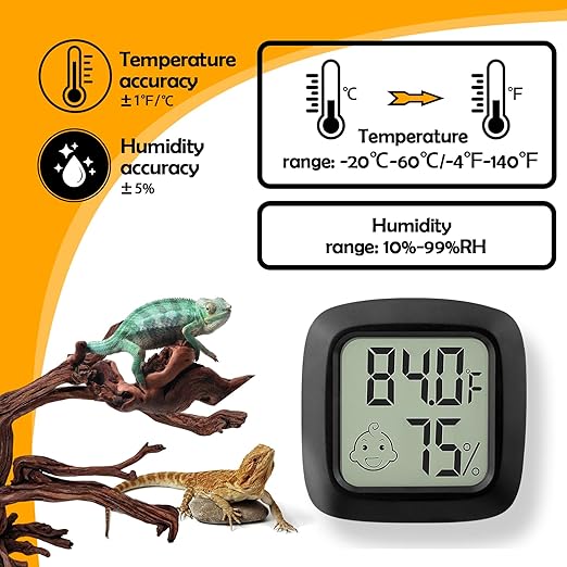 2 PCS Reptile Thermometer and Humidity Gauge for Bearded Dragon with On-Off, Reptile Tank Accessories for Jumping Spider, Leopard Gecko, Hermit Crab, Gecko, Ball Python, Lizard