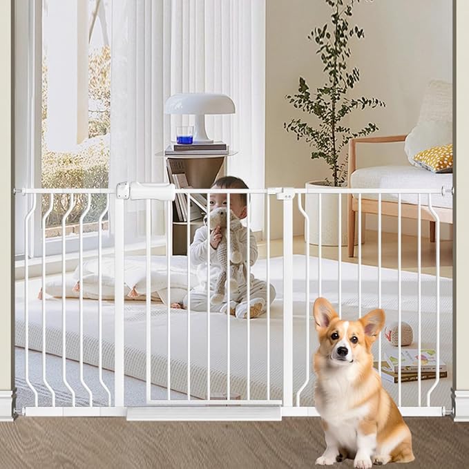 TSAYAWA Walk Through Baby Gate with Door, 53-57.48 Inch Wide Presure Mounted No Drill Metal Auto Close Child Gate for Stair Doorway - Indoor Outdoor Safty Gate for Toddler Dog Doggie, White