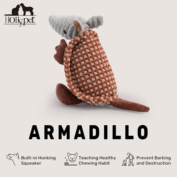 Hollypet Plush Dog Squeaky Toy Stuffed Armadillo Animal Pet Puppy Chew Toys with Clean Teeth for Small Medium Large All Breed Sizes Dogs, Burnt Orange and Light Yellow,8 in