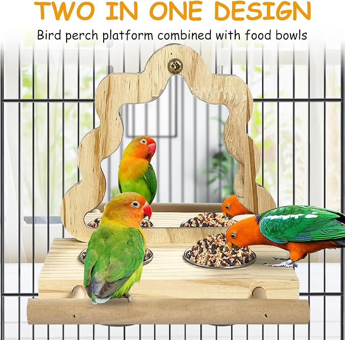Tfwadmx Bird Parrot Wooden Feeding Cups Small Bird Feeding Dish Cups Stainless Steel Birds Bowls Food Water Bowls with Bird Food Holder for Cockatiel Parakeet Macaw Finches Lovebirds