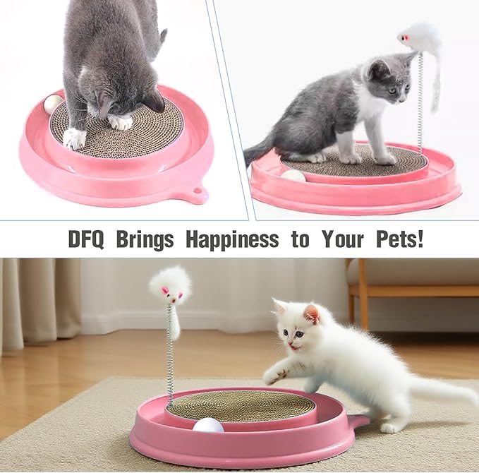 Interactive Cat Scratcher Toy, Round Plastic Scratching Pad with Ball Track & Mouse, Engaging Puzzle for Indoor Adult Cats and Kittens-Pink