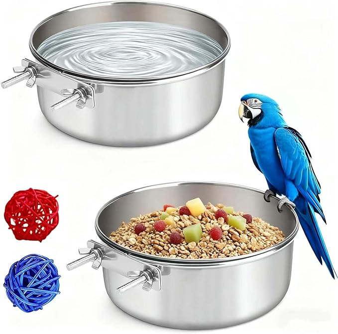 2 Pcs Stainless Steel Bird Food Water Bowls, Parrot Feeding Dish Cups with Clamp Holder Bird Ball Toys for Chinchilla, Cockatiel, Conure, Budgies, Parakeet, Lovebirds, Small Animals (Small)