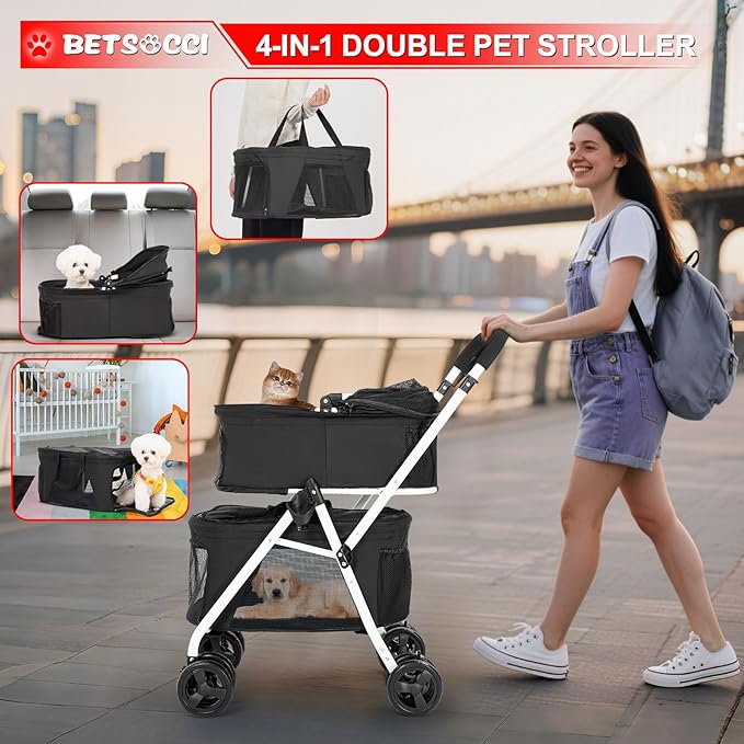 Double Dog Stroller with 2 Detachable Carrier, Portable Pet Stroller for Small Dogs & Cats Folding Lightweight Puppy Travel Carriage, 4 Wheels, Black