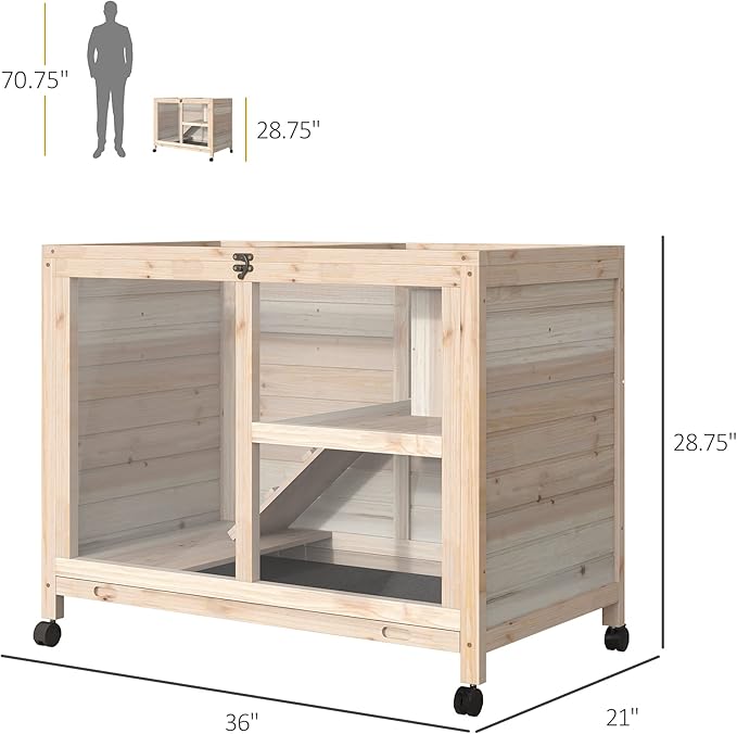 PawHut Rabbit Hutch with Wheels, Desk and Side Table Sized, Wooden Rabbit Cage, Waterproof Small Bunny Cage with Removable Tray, Openable Roof, for Indoor & Outdoor, Natural