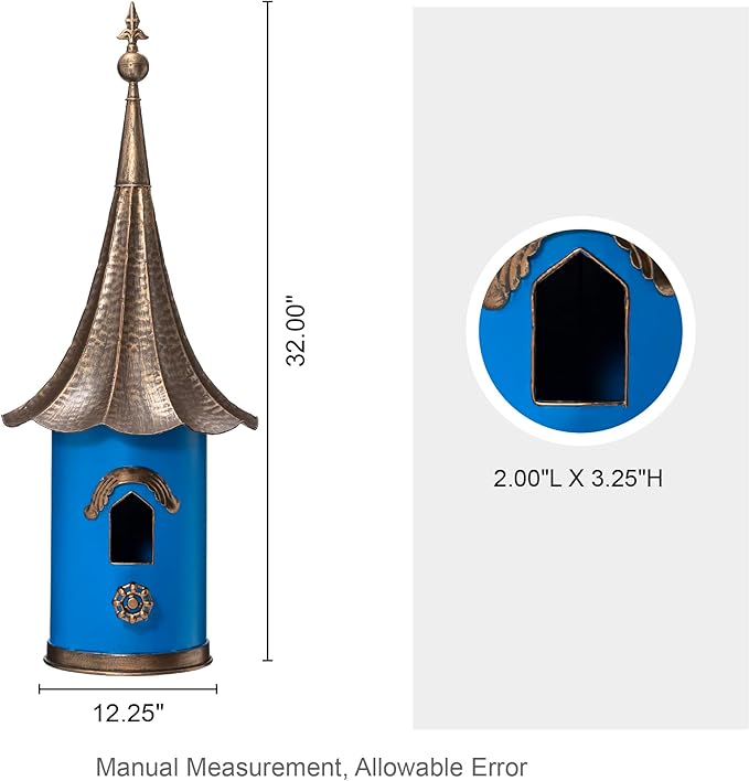 Glitzhome 32”H Metal Hanging Birdhouse for Outdoors Oversized Farmhouse Pagoda Painted Bird House with Bronze Roof for Bluebird Wren Chickadee Sparrow Bird Nest Box for Garden Patio, Retro Blue
