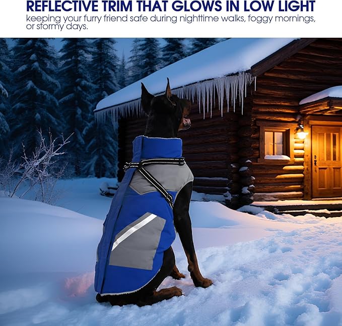 FUAMEY Dog Winter Jackets for Large Dogs,Dog Coat with Harness Built in,Waterproof Dogs Snowsuits Warm Pet Jacket Zip Up Fleece Cold Weather Coats Reflective Puppy Vest with Pocket Blue 3XL