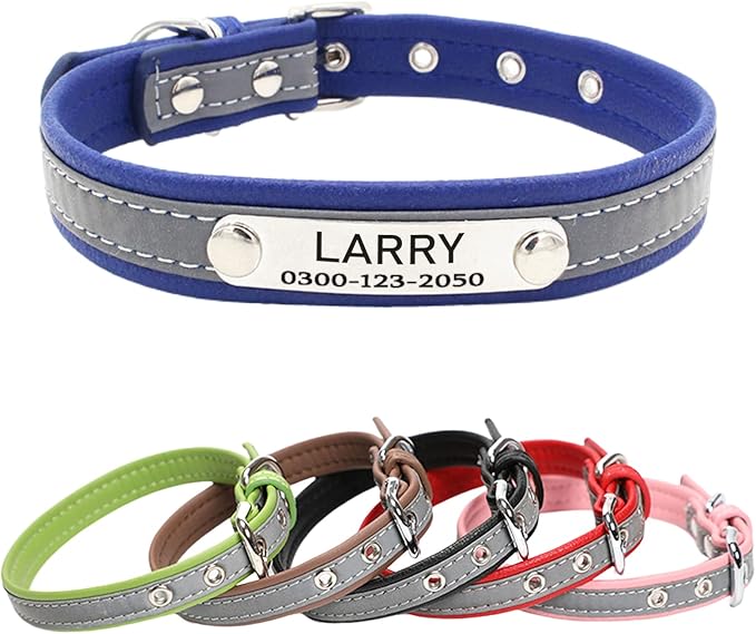 Yonsbox Custom Personalized Reflective Dog Collar with Name Plate Engraved Cute Dog Collars for Male Female Boy Girl Large Dogs Blue, L