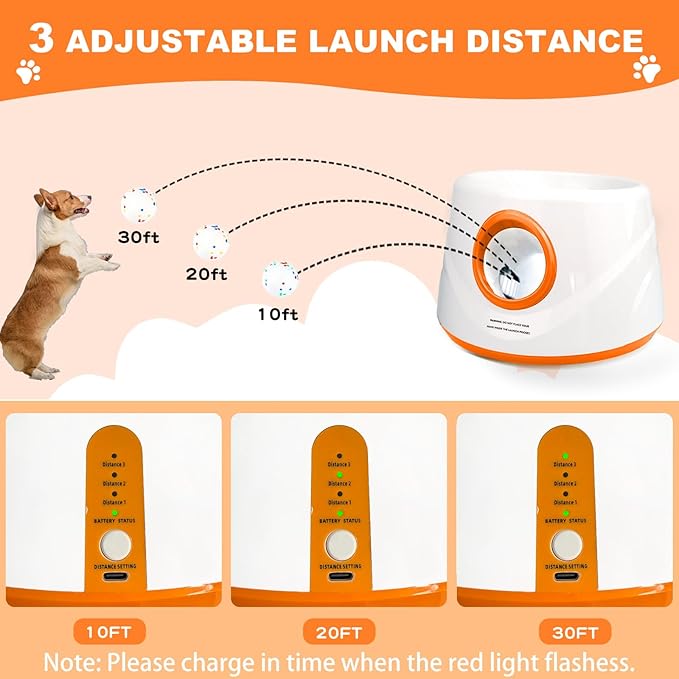 Automatic Ball Launcher for Dogs, Dog Ball Thrower with 19-32-45Ft Distance, Rechargeable Automatic Launcher with 6 Balls (2.2"), Remote Control Launcher for Small & Medium Orange
