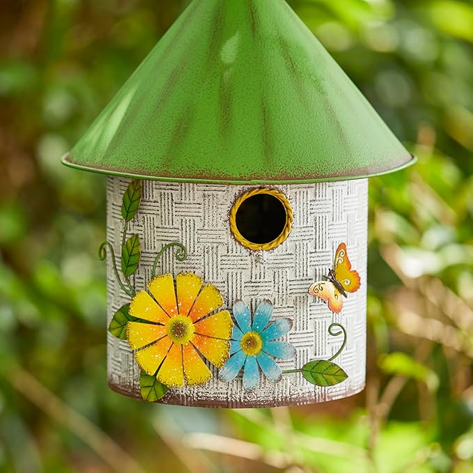 Glitzhome Bird Houses for Outdoors, Blue Bird House for Outside, 11" H Stylish Distressed Metal Cottage Decorative Birdhouse with a Cluster of 3D Flowers and Butterfly for Garden Patio Backyard