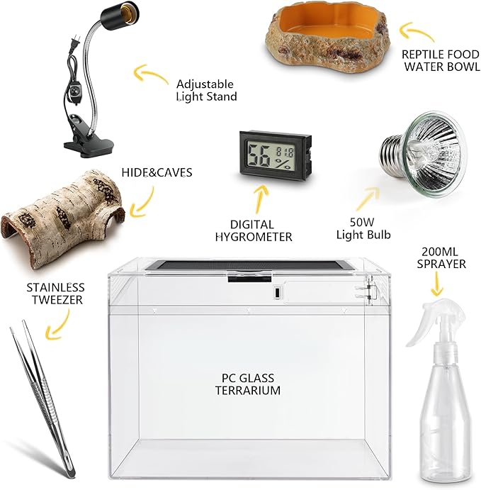 Reptile PC Terrarium,Anti Breakage 19.5x9.4x10.5 in Amphibians Tank Starter Kits,Top Sliding Door Gecko Starter Screen Ventilation Mini Habitat Cages,Hygrometer Thermometer,Hide Cave,Tweezer,Sprayer