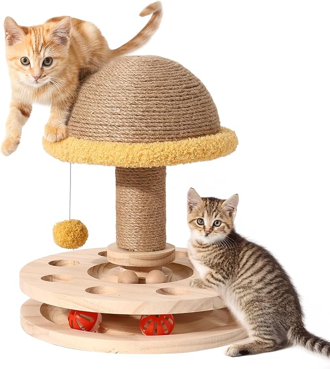 Sisal Cat Scratcher for Indoor Cat Kitten Mushroom Cat Scratching Post with Hanging Ball,Solid Wooden 2 Level Track,Interactive Toy