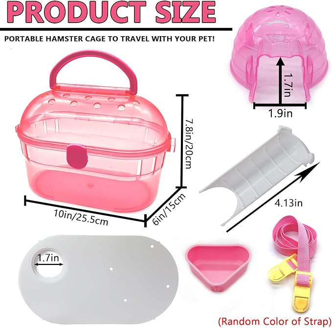 kathson Portable Hamster Cage Dwarf Hamster Carry Case Syrian Hamster Carry Travel Cage with House Food Bowl Adjustable Strap Pet Outgoing Cages Carrier for Small Hamster Young Guinea Pig Pink