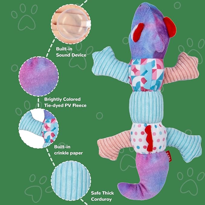 Crinkle Dog Toys Squeaky Plush No Stuffing Cute Puppy Stuffless Tough Rop Pull Toy, Fun Dog Stuffed Animals Durable Chew Set for Small Medium Large Pup (Large, Purple Chameleon)