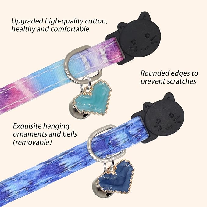 Cat Collar Breakaway, 2 Pack Cotton Cats Collars with Bells, Cute Heart Shaped for Girl Boy Kittens