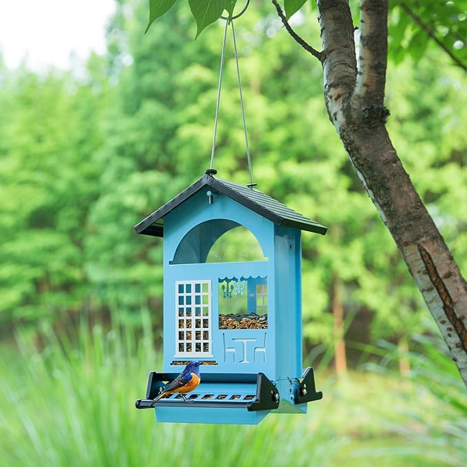 Bird Feeders for Outdoors Squirrel Proof Hanging Metal Bird House Feeder for Outside Anti Squirrels for Wild Birds Cardinal Finch Chickadee 5 LB Large Capatial Heavy Duty & Dualbe, SkyBlue