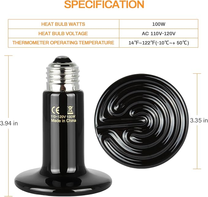 Simple Deluxe 100W 2-Pack Ceramic Heat Lamp Reptile Heat Emitter Heater Lamp Bulb No Light with Free Digital-Thermometer, for Pet Brooder Coop Chicken, Dragon Turtle Lizard Snake Aquarium Tank