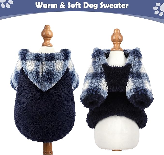 Plaid Dog Hoodie Fleece Small Dog Sweater for Small Dogs Girl Boy Winter Warm Puppy Clothes for Chihuahua Teacup Yorkie Soft Stretchy Tiny Outfits Cat Sweater Pet Clothing, Blue, XS
