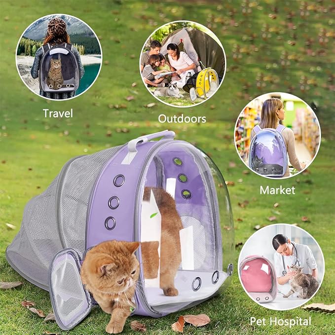 Cat Backpack Carrier Bubble Expandable Foldable Breathable Pet Carrier Dog Carrier Backpack for Large Big Cats Hiking, Travelling, Camping (Back Expandable-Purple)