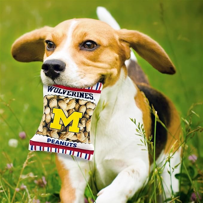 NCAA Michigan Wolverines Crinkle FINE Plush Dog & CAT Squeak Toy- Cutest Stadium Peanuts Snack Toy for Dogs & Cats with Inner Squeaker & Beautiful Football/Basketball Team Name/Logo