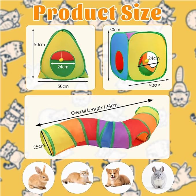 Cat Tunnels for Indoor Cats, Rabbit Tunnel,Pop Up Collapsible Crinkle Interactive Peek Hole, Cat Tube with Play Ball and Bell for Kitten, Puppy, Kitty, Rabbit - Set of 3