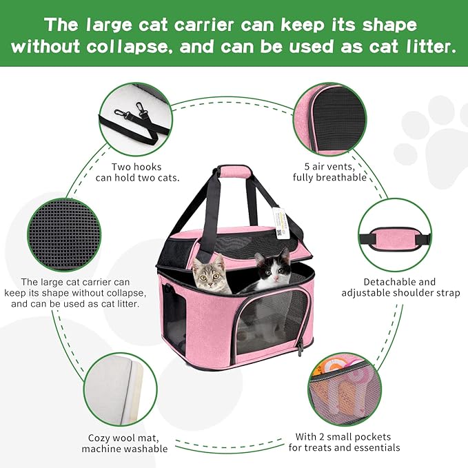 Large Cat Carrier Pet Carrier, Oeko-TEX Certified Soft Side Pet Carrier for Cat, Small Dog, Collapsible Travel Small Dog Carrier, TSA Airline Approved Cat Carrier for Cats 20 lb,Pink