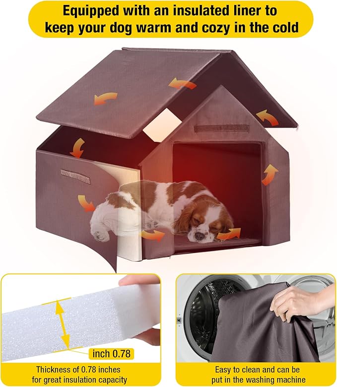 Dog House Outdoor, Insulated Dog Kennel Outside for Large Breed, 50.87" L Weatherproof Large Dog Shelter with Anti-Chewing Iron Frame (Brown, 50.87" D x 37.44" W x 37.2" H)