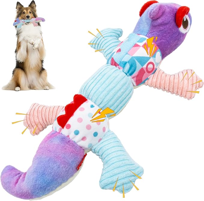 Crinkle Dog Toys Squeaky Plush No Stuffing Cute Puppy Stuffless Tough Rop Pull Toy, Fun Dog Stuffed Animals Durable Chew Set for Small Medium Large Pup (Large, Purple Chameleon)