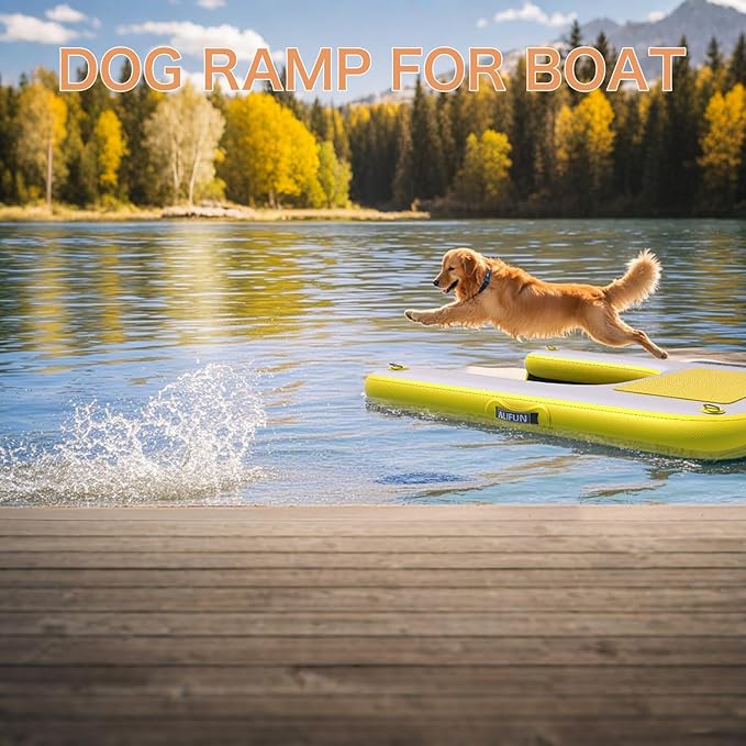 ALIFUN Inflatable Dog Water Ramp Safety Floating Dock Dog Pool Raft for Pool Lake Boat Non-Slip Floating Ladder for Pets Up to 220 LBs Yellow 120CM Length