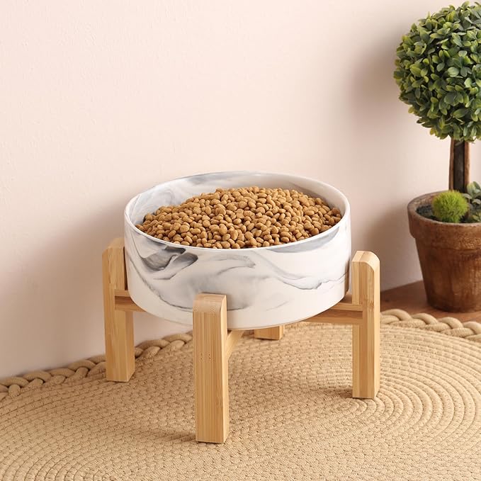Elevated/Raised Dog Bowl Ceramic for Small Medium Sized Breed,Dog Food Water Bowl with Stand,6 in 3.6 Cups Non Slip Heavy Weighted Dog Dish Marble Grey