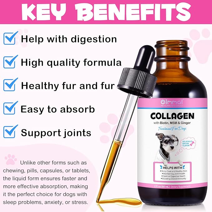2Pack Collagen for Dogs, Liquid Collagen for Dogs 2 fl.oz, Skin & Coat Supplement for Dogs, Itch Relief for Dogs with Vitamin C, Biotin, MSM, Ginger, Daily Collagen for Dogs Drops, Bacon Flavor