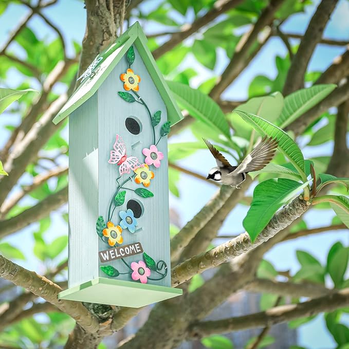 Yinns Hanging Birdhouse for Outdoor, Garden Decorative Wooden Bird House, Colorful Flower Two-Tiered for Hummingbird Small Bird