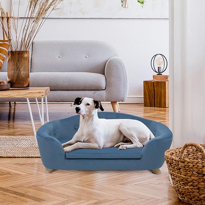 SHAVI Large Dog Couch, 35" Wide Pet Sofa for Large and Medium Dogs with Removable Mattress Cover, Luxury Raised Dog Couch Velvet Lounging Bed with Anti-Slip Bottom(Blue)