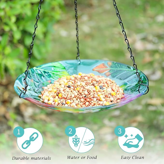VCUTEKA Glass Hanging Bird Bath for Outdoors, BirdBaths with 21-Inch Rust-Proof Chain, Garden Yard Decor, Flamingo Pattern