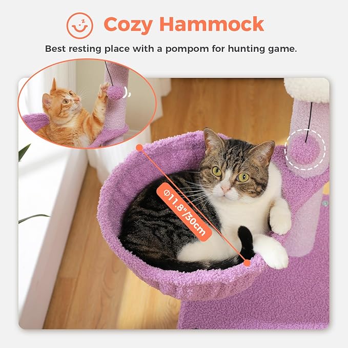 Cat Tree for Indoor Cats with Metal Frame Carpet Hammock, 32" Cute Cat Tower with Cozy Condo, Top Perch, Scratching Posts, and Replaceable Ball Toy, Pet Furniture for Small Cats & Kittens, Purple
