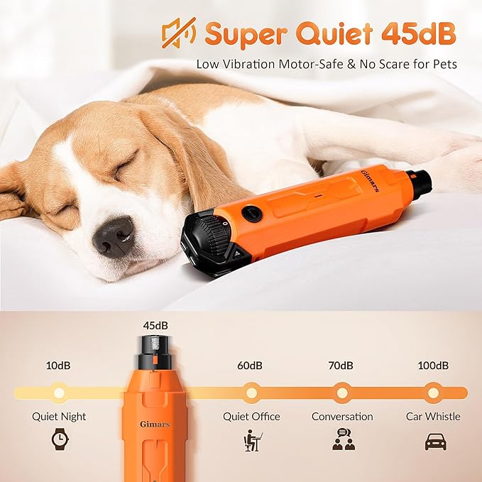 Gimars Upgrade Super Quiet Adjustable 6 Speed Powerful 12000rpm Allow All Controll Dog Nail Grinder 45 db Dual LED Light Pet Nail Grinder USB Rechargeable 3 Ports Nail File for Large Medium Small Dog
