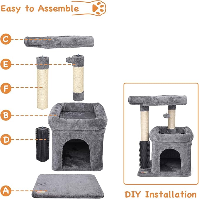 Small Cat Tree with Scratching Post Indoor, Cat Trees for Indoor, Cat Tower with Condo, Plush Cozy Perch, Massage Brush, Activity Hanging Pompoms