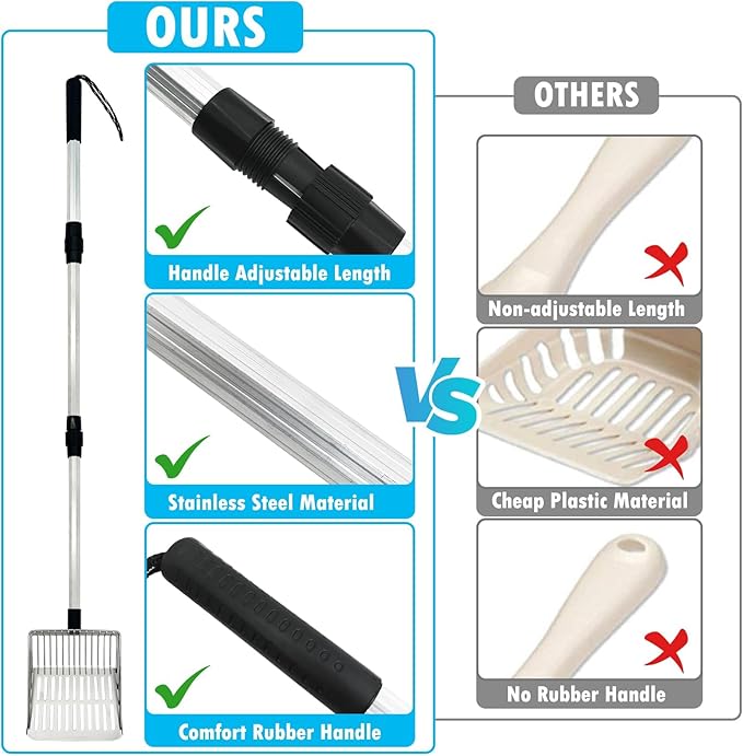 PINVNBY Stainless Steel Chicken Poop Scooper 3 in 1 Adjustable Long Handle Poop Scooper for Chicken(21.8" to 38.6") Multifunctional Chicken Coop Cleaning Tools Sifting Shovel Chicken Coop Accessories