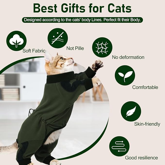 Cat Pajamas for Cats Only, Sticky Hair Cat Clothes, Long Sleeve Sphynx Clothes, Anti-Licking or Skin Disease Recovery Suit for Female Cats, Kitten Onesie Pajamas, ArmyGreen, L