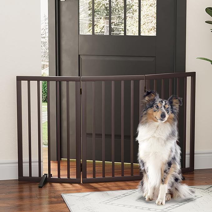 Dog Gates for Doorways, Tall Dog Gate Indoor, Foldable Pet Gates for Doorways Bedroom, Freestanding Puppy Gate with Metal Support Feet, Room Divider,3 Panels (Browm)