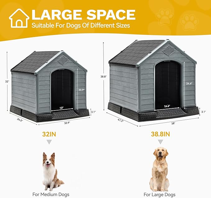 DWVO Spacious Plastic Dog Shelter, Weatherproof Outdoor/Indoor Doghouse, Puppy Kennel with Air Vents and Elevated Floor, 41.3''L*38''W*38.8''H, Black+Gray