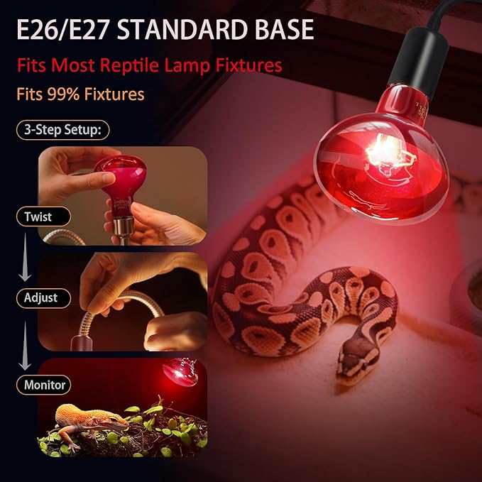 Reptile Heat Lamp, 100W Heat Lamp for Lizard & Reptile Night Heat Bulb - 2-Pack Infrared Light Bulb with Voltage Protection (110-130V, No UVB, E26/E27 Base)