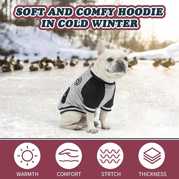 BEAUTYZOO Dog Hoodie for Small Medium Dogs, Fall Winter Warm Dog Clothes for Puppy S M Sized Dogs Girl Boy, Pet Sweater Hoodies Baseball Sweatshirt Jacket Bulldog Pitbull Cat Clothing Coat- Grey