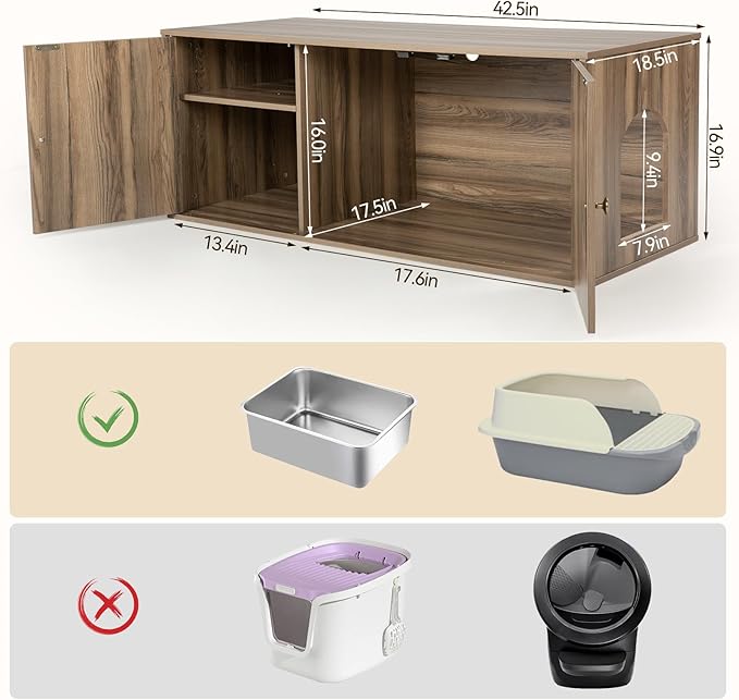 Wooden Cat Litter Box Enclosure with Storage Compartment with Adjustable Divider, Hidden Litter Box Furniture and Hall Table, Cat Box Enclosure, 42.5''L*18.5W*16.9H (Pine, Rattan)